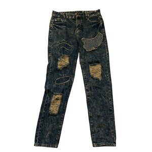 Denim Distressed Patchwork Thrashed Holey Tapered Leg Jeans Size 30 Blue